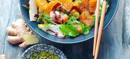 Salade de saumon mariné aux clémentines, radicchio di treviso, fenouil et gingembre 