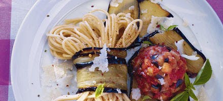 Spaghetti d’épeautre, marmelade d’aubergine et tomate
