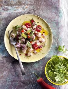 Ceviche de poisson aux framboises et mizuna